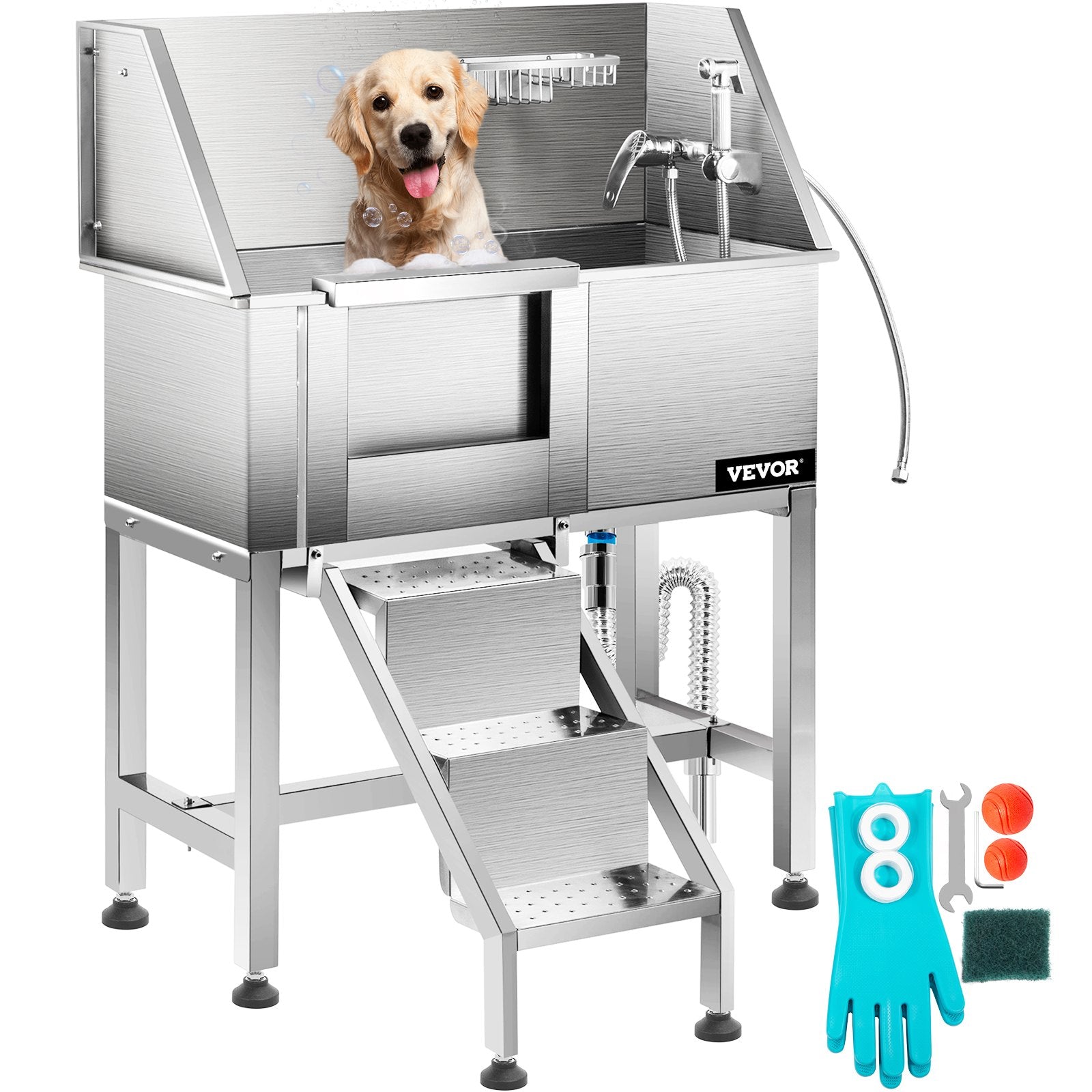 VEVOR Dog Grooming Tub, 38" Left Pet Wash Station, Professional Stainless Steel Pet Grooming Tub Rated 180LBS Load Capacity, Non-skid Dog Washing Station Comes with Ramp, Faucet, Sprayer and Drain Kit