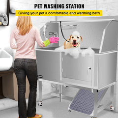 VEVOR Dog Grooming Tub, 50" R Pet Wash Station, Professional Stainless Steel Pet Grooming Tub Rated 330LBS Load Capacity, Non-Skid Dog Washing Station Comes with Ramp, Faucet, Sprayer and Drain Kit