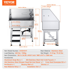 VEVOR 38" Pet Dog Bathing Station w/Ramp, Professional Stainless Steel Dog Grooming Tub w/ Storage Drawer, Floor Grate, Faucet, Dog Bathtub for Large,Medium,Small Pets, Washing Sink for Home(Left)-Grooming Tub-VEVOR