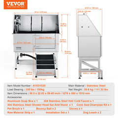 VEVOR 50" Pet Dog Bathing Station w/Ramp, Professional Stainless Steel Dog Grooming Tub w/ Soap Box, Faucet,Rich Accessory, Dog Bathtub for Large,Medium,Small Pets, Washing Sink for Home Right-Grooming Tub-VEVOR