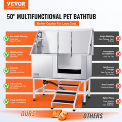 VEVOR 50" Pet Dog Bathing Station w/Stairs, Professional Stainless Steel Dog Grooming Tub w/ Soap Box, Faucet,Rich Accessory, Dog Bathtub for Large,Medium,Small Pets, Washing Sink for Home Right-Grooming Tub-VEVOR