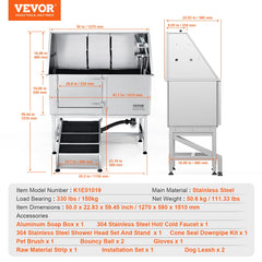 VEVOR 50" Pet Dog Bathing Station w/Ramp, Professional Stainless Steel Dog Grooming Tub w/ Soap Box, Faucet,Rich Accessory, Dog Bathtub for Large,Medium,Small Pets, Washing Sink for Home Left-Grooming Tub-VEVOR