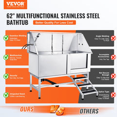VEVOR 62" Pet Dog Bathing Station w/Stairs, Professional Stainless Steel Dog Grooming Tub w/ Soap Box, Faucet,Rich Accessory,Bathtub for Pets at Home