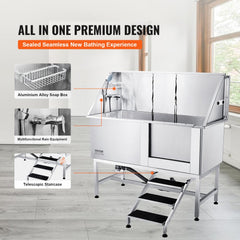 VEVOR 62" Pet Dog Bathing Station w/Stairs, Professional Stainless Steel Dog Grooming Tub w/ Soap Box, Faucet,Rich Accessory,Bathtub for Pets at Home