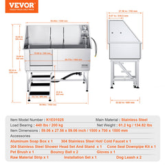 VEVOR 62" Pet Dog Bathing Station w/Stairs, Professional Stainless Steel Dog Grooming Tub w/ Soap Box, Faucet,Rich Accessory,Bathtub for Large,Medium,Small Pet, Washing Sink for Home(Left)-Grooming Tub-VEVOR