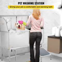 VEVOR Dog Grooming Tub, 62" R Pet Wash Station, 304 Stainless Steel Pet Grooming Tub Rated 661LBS Load Capacity, Non-Skid Dog Washing Station Comes with Ramp, Faucet, Sprayer and Drain Kit-Grooming Tub-VEVOR