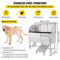 VEVOR Dog Grooming Tub, 62" R Pet Wash Station, 304 Stainless Steel Pet Grooming Tub Rated 661LBS Load Capacity, Non-Skid Dog Washing Station Comes with Ramp, Faucet, Sprayer and Drain Kit-Grooming Tub-VEVOR