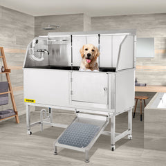 VEVOR Dog Grooming Tub, 62" R Pet Wash Station, 304 Stainless Steel Pet Grooming Tub Rated 661LBS Load Capacity, Non-Skid Dog Washing Station Comes with Ramp, Faucet, Sprayer and Drain Kit-Grooming Tub-VEVOR