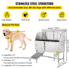 VEVOR Dog Grooming Tub, 62" L Pet Wash Station, 304 Stainless Steel Pet Grooming Tub Rated 661LBS Load Capacity, Non-Skid Dog Washing Station Comes with Ramp, Faucet, Sprayer and Drain Kit-Grooming Tub-VEVOR