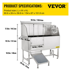 VEVOR Dog Grooming Tub, 62" L Pet Wash Station, 304 Stainless Steel Pet Grooming Tub Rated 661LBS Load Capacity, Non-Skid Dog Washing Station Comes with Ramp, Faucet, Sprayer and Drain Kit-Grooming Tub-VEVOR