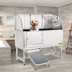 VEVOR Dog Grooming Tub, 62" L Pet Wash Station, 304 Stainless Steel Pet Grooming Tub Rated 661LBS Load Capacity, Non-Skid Dog Washing Station Comes with Ramp, Faucet, Sprayer and Drain Kit-Grooming Tub-VEVOR