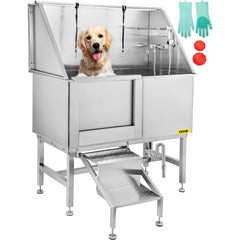 VEVOR 50" Dog Grooming Tub, Left Door, Professional Stainless Steel Pet Dog Bath Tub, with Steps Faucet & Accessories Dog Washing Station-Grooming Tub-VEVOR