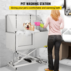 VEVOR 50" Electric Pet Dog Grooming Tub Stainless Steel X-Style Electric Lift Height Dog Bath Tub Pet Washing Station with High Pressure Sprayer and Plate Dog Wash Tub Left Door-Grooming Tub-VEVOR