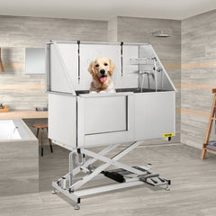 VEVOR 50" Electric Pet Dog Grooming Tub Stainless Steel X-Style Electric Lift Height Dog Bath Tub Pet Washing Station with High Pressure Sprayer and Plate Dog Wash Tub Left Door-Grooming Tub-VEVOR