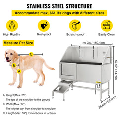 VEVOR 62 inch Professional Dog Grooming Tub Stainless Steel Pet Bathing Tub Large Dog Wash Tub with Faucet Walk-in Ramp Accessories Dog Washing Station Pet Bath Tub-Grooming Tub-VEVOR