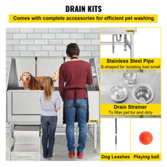 VEVOR 62 inch Professional Dog Grooming Tub Stainless Steel Pet Bathing Tub Large Dog Wash Tub with Faucet Walk-in Ramp Accessories Dog Washing Station Pet Bath Tub-Grooming Tub-VEVOR