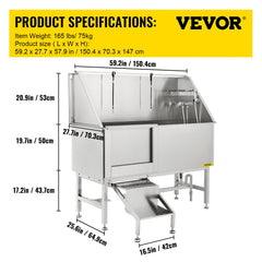 VEVOR 62 inch Professional Dog Grooming Tub Stainless Steel Pet Bathing Tub Large Dog Wash Tub with Faucet Walk-in Ramp Accessories Dog Washing Station Pet Bath Tub-Grooming Tub-VEVOR