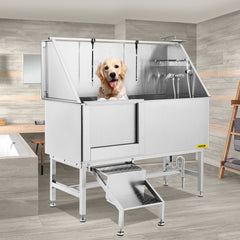 VEVOR 62 inch Professional Dog Grooming Tub Stainless Steel Pet Bathing Tub Large Dog Wash Tub with Faucet Walk-in Ramp Accessories Dog Washing Station Pet Bath Tub-Grooming Tub-VEVOR