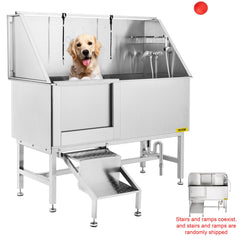 VEVOR 62 inch Professional Dog Grooming Tub Stainless Steel Pet Bathing Tub Large Dog Wash Tub with Faucet Walk-in Ramp Accessories Dog Washing Station Pet Bath Tub-Grooming Tub-VEVOR