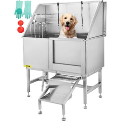 VEVOR 50" Dog Grooming Tub, Right Door, Professional Stainless Steel Pet Dog Bath Tub with Steps Faucet & Accessories Dog Washing Station-Grooming Tub-VEVOR