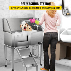 VEVOR Dog Grooming Tub, 38" Left Pet Wash Station, Professional Stainless Steel Pet Grooming Tub Rated 180LBS Load Capacity, Non-skid Dog Washing Station Comes with Ramp, Faucet, Sprayer and Drain Kit-Grooming Tub-VEVOR