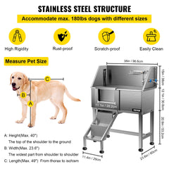 VEVOR Dog Grooming Tub, 38" Left Pet Wash Station, Professional Stainless Steel Pet Grooming Tub Rated 180LBS Load Capacity, Non-skid Dog Washing Station Comes with Ramp, Faucet, Sprayer and Drain Kit-Grooming Tub-VEVOR