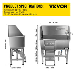 VEVOR Dog Grooming Tub, 38" Left Pet Wash Station, Professional Stainless Steel Pet Grooming Tub Rated 180LBS Load Capacity, Non-skid Dog Washing Station Comes with Ramp, Faucet, Sprayer and Drain Kit-Grooming Tub-VEVOR