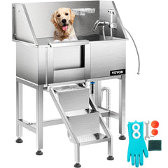 VEVOR Dog Grooming Tub, 38" Left Pet Wash Station, Professional Stainless Steel Pet Grooming Tub Rated 180LBS Load Capacity, Non-skid Dog Washing Station Comes with Ramp, Faucet, Sprayer and Drain Kit-Grooming Tub-VEVOR