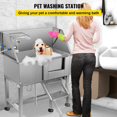 VEVOR Dog Grooming Tub, 38" Pet Wash Station, Professional Stainless Steel Pet Grooming Tub Rated 180LBS Load Capacity, Non-Skid Dog Washing Station Comes with Ramp, Faucet, Sprayer and Drain Kit-Grooming Tub-VEVOR