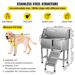 VEVOR Dog Grooming Tub, 38" Pet Wash Station, Professional Stainless Steel Pet Grooming Tub Rated 180LBS Load Capacity, Non-Skid Dog Washing Station Comes with Ramp, Faucet, Sprayer and Drain Kit-Grooming Tub-VEVOR