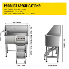 VEVOR Dog Grooming Tub, 38" Pet Wash Station, Professional Stainless Steel Pet Grooming Tub Rated 180LBS Load Capacity, Non-Skid Dog Washing Station Comes with Ramp, Faucet, Sprayer and Drain Kit-Grooming Tub-VEVOR