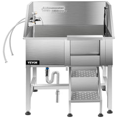 VEVOR Dog Grooming Tub, 38" Pet Wash Station, Professional Stainless Steel Pet Grooming Tub Rated 180LBS Load Capacity, Non-Skid Dog Washing Station Comes with Ramp, Faucet, Sprayer and Drain Kit-Grooming Tub-VEVOR