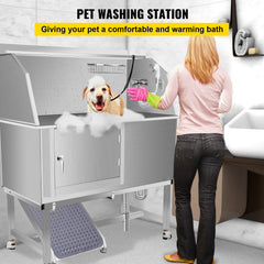 VEVOR Dog Grooming Tub, 50" L Pet Wash Station, Professional Stainless Steel Pet Grooming Tub Rated 330LBS Load Capacity, Non-Skid Dog Washing Station Comes with Ramp, Faucet, Sprayer and Drain Kit-Grooming Tub-VEVOR