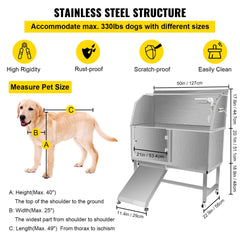 VEVOR Dog Grooming Tub, 50" L Pet Wash Station, Professional Stainless Steel Pet Grooming Tub Rated 330LBS Load Capacity, Non-Skid Dog Washing Station Comes with Ramp, Faucet, Sprayer and Drain Kit-Grooming Tub-VEVOR