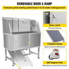 VEVOR Dog Grooming Tub, 50" L Pet Wash Station, Professional Stainless Steel Pet Grooming Tub Rated 330LBS Load Capacity, Non-Skid Dog Washing Station Comes with Ramp, Faucet, Sprayer and Drain Kit-Grooming Tub-VEVOR