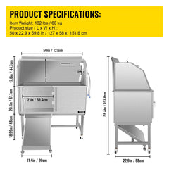 VEVOR Dog Grooming Tub, 50" L Pet Wash Station, Professional Stainless Steel Pet Grooming Tub Rated 330LBS Load Capacity, Non-Skid Dog Washing Station Comes with Ramp, Faucet, Sprayer and Drain Kit-Grooming Tub-VEVOR