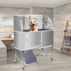 VEVOR Dog Grooming Tub, 50" L Pet Wash Station, Professional Stainless Steel Pet Grooming Tub Rated 330LBS Load Capacity, Non-Skid Dog Washing Station Comes with Ramp, Faucet, Sprayer and Drain Kit-Grooming Tub-VEVOR