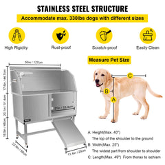 VEVOR Dog Grooming Tub, 50" R Pet Wash Station, Professional Stainless Steel Pet Grooming Tub Rated 330LBS Load Capacity, Non-Skid Dog Washing Station Comes with Ramp, Faucet, Sprayer and Drain Kit-Grooming Tub-VEVOR