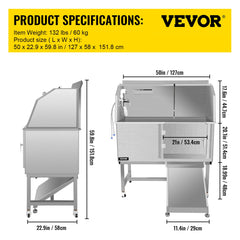 VEVOR Dog Grooming Tub, 50" R Pet Wash Station, Professional Stainless Steel Pet Grooming Tub Rated 330LBS Load Capacity, Non-Skid Dog Washing Station Comes with Ramp, Faucet, Sprayer and Drain Kit-Grooming Tub-VEVOR