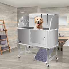 VEVOR Dog Grooming Tub, 50" R Pet Wash Station, Professional Stainless Steel Pet Grooming Tub Rated 330LBS Load Capacity, Non-Skid Dog Washing Station Comes with Ramp, Faucet, Sprayer and Drain Kit-Grooming Tub-VEVOR