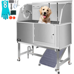 VEVOR Dog Grooming Tub, 50" R Pet Wash Station, Professional Stainless Steel Pet Grooming Tub Rated 330LBS Load Capacity, Non-Skid Dog Washing Station Comes with Ramp, Faucet, Sprayer and Drain Kit-Grooming Tub-VEVOR