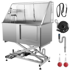 VEVOR 50" Electric Pet Dog Grooming Tub Stainless Steel X-Style Electric Lift Height Dog Bath Tub Pet Washing Station with High Pressure Sprayer and Plate Dog Wash Tub Right Door-Grooming Tub-VEVOR