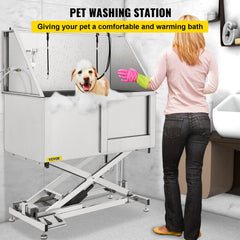 VEVOR 50" Electric Pet Dog Grooming Tub Stainless Steel X-Style Electric Lift Height Dog Bath Tub Pet Washing Station with High Pressure Sprayer and Plate Dog Wash Tub Right Door-Grooming Tub-VEVOR