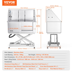 VEVOR 50" Pet Dog Bathing Station Electric Height Adjustment, Professional Stainless Steel Dog Grooming Tub w/ Soap Box, Faucet,Rich Accessory,Bathtub for Multiple Pets, Washing Sink for Home(Right)-Grooming Tub-VEVOR